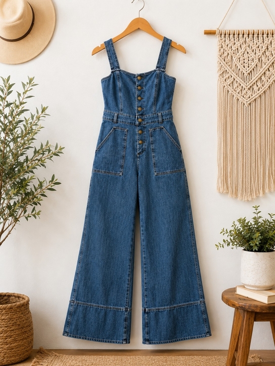 aerie Denim - Aerie Denim Wide Leg Jumpsuit Small Button Front Utility Pocket Overalls